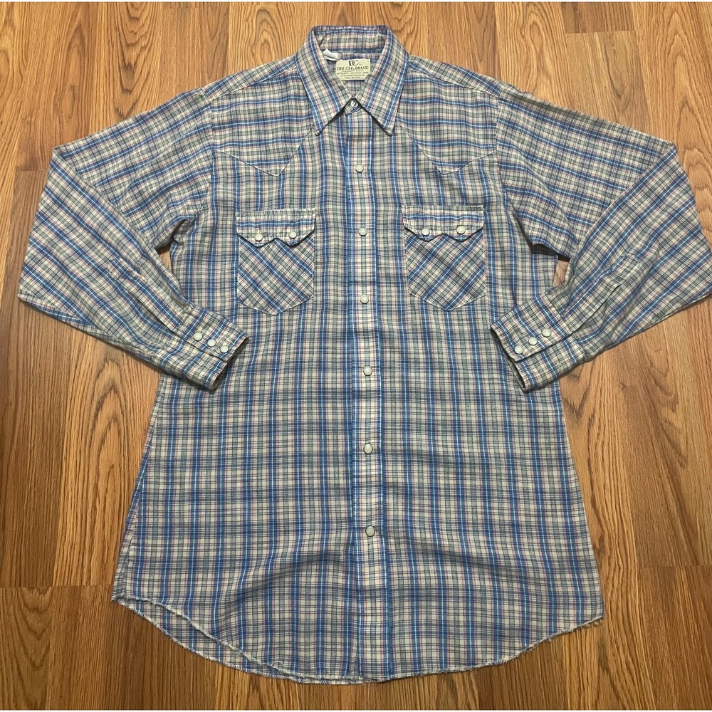 Dee Cee Western Shirt Mens Medium Blue Plaid Snap Front Vintage USA